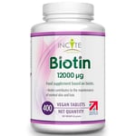 Incite Nutrition Biotin Hair Growth Support Supplement 12,000mcg - 400 Tiny 6mm Tablets (Full Year Plus Supply) - for Men & Women