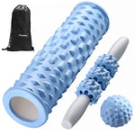 Finether 3 en 1 Rouleau de Massage en Mousse, Bâton De Massage, Balle Picots, pour Débutants, Massage Pilates Yoga Exercise Fitness Gym Débutants Physiothérapie du Dos Matériel ABS EVA, Bleu