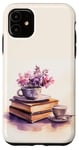 Coque pour iPhone 11 Aquarelle Purple Pink Flower Books And Coffee