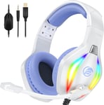 ¿2024 New¿FC100 Casque Gaming pour PC/PS4/PS5/Xbox/Mac/Nintendo Switch, Casque Gamer PS4 avec Lumière RVB, Casque PS5 avec Micro, Casque Antibruit avec Prise Jack 3,5 MM - Blanc Violet