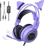 G951S Casque de Jeu Violet avec Ajustement du Volume du Micro pour Xbox One, PS4, PC, Casque Amovible pour Oreille de Chat pour Fille Femme, avec Prise de 3,5 mm