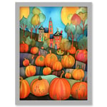 Farm House Halloween Pumpkin Patch Modern Folk Art Watercolour Painting Artwork Framed Wall Art Print A4