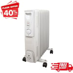 9 Fin 2000W Electric Oil Filled Radiator Portable Heater Thermostat White -Offer