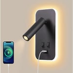 Applique murale led, liseuse de chevet avec interrupteur, port de charge usb, éclairage d'ambiance de chambre à coucher Spot réglable (3W 3000K + 9W