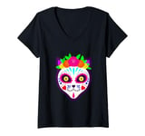 Womens mexican halloween cat sugar skull purple skeleton gothic V-Neck T-Shirt