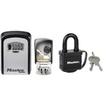 MASTER LOCK Key Safe Wall Mounted, Medium 85 x 119 x 36 mm, Outdoor, Mounting Kit & 7804EURD Laminated Padlock with Key and Thermoplastic Cover, Black, 7,8 x 4 x 2,9 cm