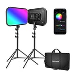 NEEWER RGB168 18.3" LED Video Light Panel with App Control Stand Kit 2 Packs, 360° Full Color 60W Dimmable 2500K-8500K CRI97+ 17 Effects Studio Lighting for Filming/Video Recording/Photography, Black