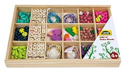 Lena 32024 Bricolage Grandes Lettres à Enfiler Cassette, Set Plus de 400 pièces, Perles en Bois pour Enfants à partir de 4 Ans, Multicolore