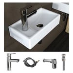 Lavabo suspendu avec Kit de vidange, mini évier gauche 41x23x10 cm - céramique blanche - Meje