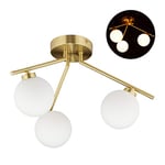 Relaxdays Lampe de plafond GLOBI, 3 ampoules, douille G9, blanc opale, lampadaire milieu du siècle 24,5 x 36 cm, doré