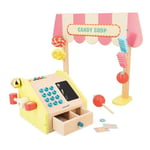 Janod - Applepop Children’s Market Stand Pretend Play Toy with Till - 19 Accessories - Imagination-enhancing - FSC Wood Toy - Water-Based Paint - 3 Years +, J03350