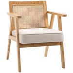 HOMCOM Fauteuil de Salon Confortable Chaise en Rotin avec Coussin épais- Dossier en cannage - Assise Profonde - Structure en Bois hévéa Aspect Lin Beige