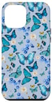 Coque pour iPhone 15 Pro Max Papillons bleus sur bleu pervenche clair avec fleurs