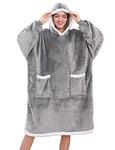 Tuopuda Sweat à Capuche Femme Homme Pull Couverture Polaire Plaid Hoodie Sherpa Robes de Chambre Hiver Peignoir Chaud Unisexe Sweatshirt Idée Cadeau Noël, Gris Clair