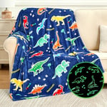 SOCHOW Couverture Plaid Polaire Phosphorescente 127 x 150 cm, Couverture Lumineuse en Molleton de Flanelle Motif Dinosaure, Couverture Bleu en Toute Saison pour Lit Enfants