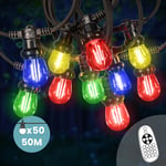 Guirlande Guinguette 50M 50 Bulbes Filament Rouge Bleu Jaune Vert avec Variateur de Luminosité et Télécommande - Guirlande Lumineuse Ampoule E27 à