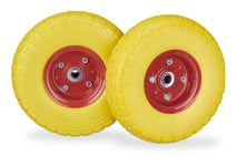 Relaxdays Roue de diable Set de 2, caoutchouc 260x85 mm, increvables, 16mm, 4.1/3.5-4 essieu, jusqu'à 150kg, jaune-rouge