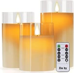 Bougies à LED de Da by, avec effet de verre 10cm，12.5cm，15cm ensemble de 3, y compris des flammes LED dansantes réalistes et une télécommande à 10 touches avec fonction de minuterie de 24 heures