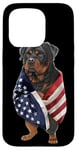 Coque pour iPhone 15 Pro Chien Rottweiler patriotique enveloppé dans un drapeau américain américain