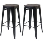 Mendler - 2x tabouret de bar HWC-A73 avec siège en bois, chaise de comptoir, métal, design industriel, empilable - noir