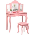 Coiffeuse Enfant Fille, Table de Maquillage avec Tabouret et Miroir Amovible à 3 Volets Pliables, Table Fille avec Tiroir, Bureau Coiffeuse, Chambre