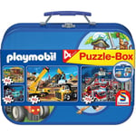 Playmobil, 4 jigsaw puzzles in a tin suitcase.  2 x 60 piece, 2 x 100 piece. New