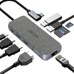 Station d'accueil USB C, hub USB C 9 en 1, Double Adaptateur multiport HDMI, Triple écran, Prend en Charge 2 x 4 k HDMI, VAG, 2 x USB 3.0 (5 Gbit/s), RJ45, 100 W PD, TF/SD, Audio