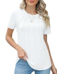 Rapbin Crew Neck Shirts for Women Short Sleeve Cute Pleated Summer Blouses Fashion Ladies Tops,White,XXL