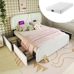 Lit adulte capitonné Lit avec tiroirs 160 x 200 cm avec fonction de chargement USB Type C, LED et 4 tiroirs, blanc, matelas inclus