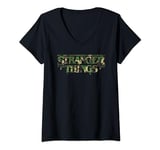 Womens Stranger Things Logo Camo Demogorgon Distressed Upside Down V-Neck T-Shirt