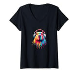 Womens Colorful Capybara Wearing Headphones Cool Rainbow Animal Art V-Neck T-Shirt