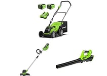 Greenworks 40V 35cm Tondeuse, Taille-Bordures, souffleur, Sac de ramassage d'herbe avec Batterie/Chargeur 2x2Ah