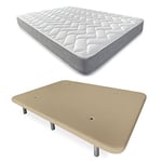 DUÉRMETE ONLINE Beige Lit Complet avec Matelas viscoélastique réversible + Base tapissée renforcée Couleur 6 Pieds, Bois, 135 x 190