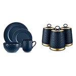 Tower T867002MNB Empire 16 Piece Dinnerware Set, Stoneware, Midnight Blue and Brass & Empire Kitchen Storage Canisters, Tea Coffee Sugar Set