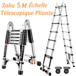 Échelle Télescopique en Aluminium 5m Zaku Escabeau Télescopique Pliante avec antidérapante Charge max 150 kg (2,5+2,5m)