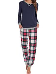 Ekouaer Pyjama Carreaux Femme Vêtements de Nuit Longue Pijama Plaid Manche Longue Enseblems de Pyjama Chic 2 Pièce Coton