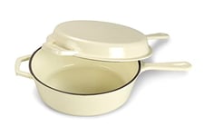 ECHTWERK Cocotte et poêle à griller 2-en-1 Set, Cocotte en fonte avec couvercle, Casserole en fonte avec revêtement émaillé, Pour four, gril, BBQ et induction, Crème, 2,5 L, Ø 25,2 cm