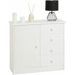 Idimex - Commode en pin massif blanc rondo buffet meuble de rangement avec 4 tiroirs et une porte - Blanc