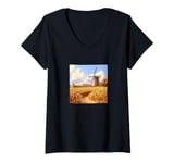 Womens Wheat Fields With Windmills Landscape Vintage Graphic V-Neck T-Shirt