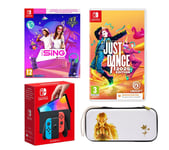 Nintendo Switch OLED (Neon Red & Blue), Let's Sing 2025, 2 Microphones, Just Dance 2025 & Princess Zelda Case Bundle, Red,Blue