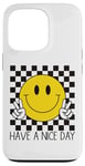 Coque pour iPhone 13 Pro Have a Nice Day, sourire rétro des années 70, visage souriant à carreaux