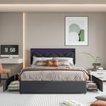 Lit double tiroir 140x200cm - avec tête de lit réglable et 4 tiroirs, sommier à lattes, lin, lit adulte capitonné design moderne - gris foncé