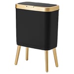 Procade Poubelle de bureau avec couvercle, poubelle de salle de bain noire avec bord doré, poubelle moderne étroite avec pieds, poubelle fine en plastique pour chambre à coucher, salon, cuisine,