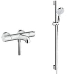 Hansgrohe Ensemble Mitigeur Thermostatique de Baignoire Ecostat 1001 CL avec Ensemble Barre de Douche 90cm Crometta Vario Douchette 2 Jets et Flexible ComfortFlex 1,60m