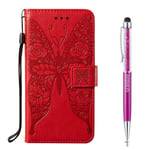 Grandoin Compatible with Nokia 1.3 Case, PU Leather Magnetic Flip Cover with Card Slots Holders [Soft Silicone Inner] [Rose Butterfly Embossing] Bookstyle Wallet Case for Nokia 1.3 (Red)