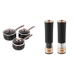 Tower T800001RB Saucepan Set, Aluminium, Black and Rose Gold & Electric Salt and Pepper Mill, Stainless Steel, Soft-Touch Body, Rose Gold and Black