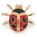 Black/ Red Enamel Lady Bug Brooch In Gold Plated Metal - 30mm L