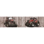 Frise murale chambre enfant | Frise papier peint imitation bois marron & tracteur rouge | Frise tapisserie chambre garçon motif tracteur - 5,00 x