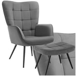 TecTake® Fauteuil Salon Confortable & Tabouret en Velours côtelé Fauteuil Scandinave Moelleux avec Accoudoirs Chaise Ergonomique pour Salle à Manger, Chambre, Siege Bureau, Allaitement Gris/Noir