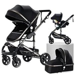 3 en 1 Poussette Combinée Poussette Canne Landau Poussette Citadine Poussette Système de Voyage pour Bébé Poussette Paysage Haute pour Bébé Inclinable Pliable Poussette Standard (739 Black)